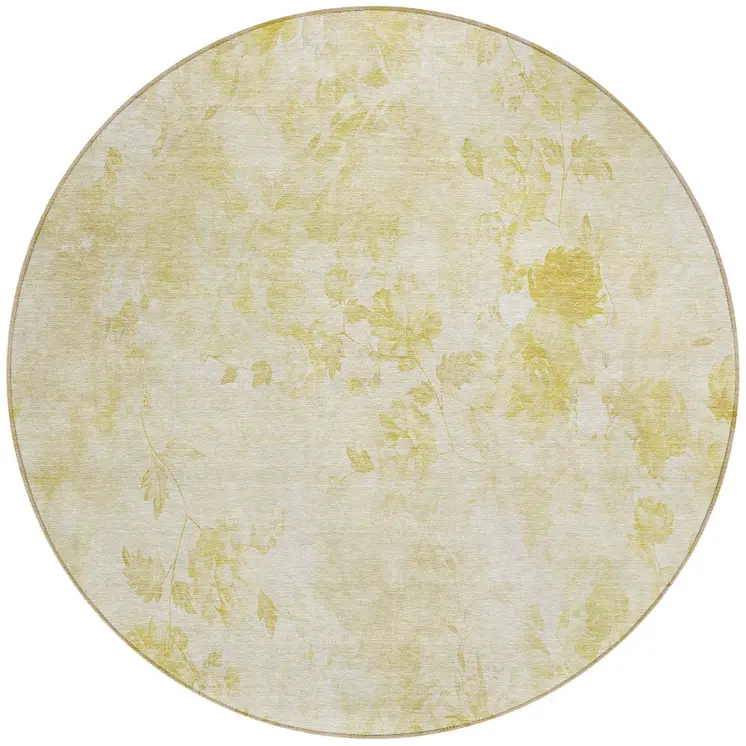8' Gold Wheat And Ivory Round Floral Washable Indoor Outdoor Area Rug