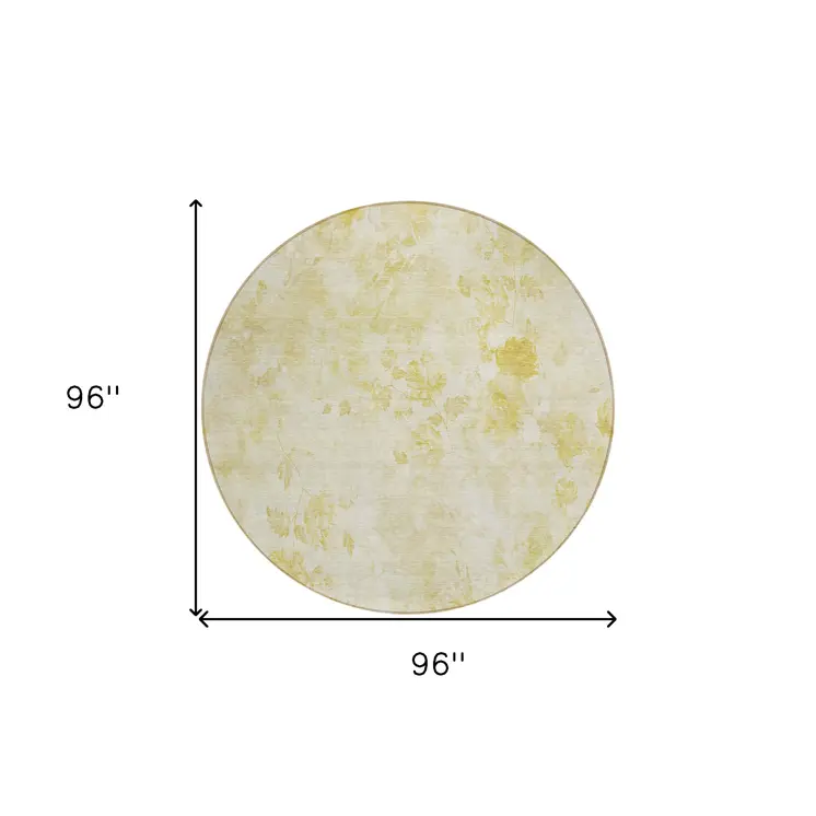 8' Gold Wheat And Ivory Round Floral Washable Indoor Outdoor Area Rug