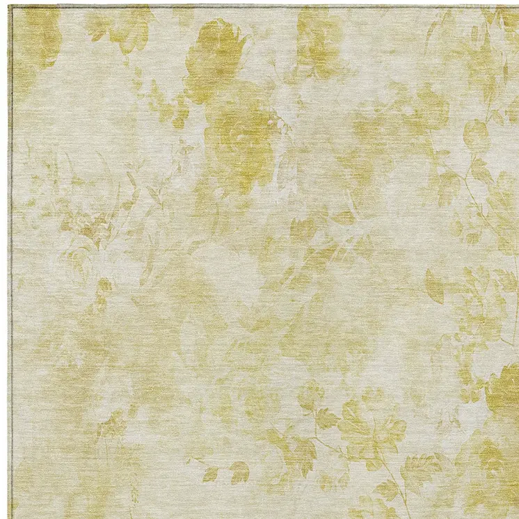 9' X 12' Gold Wheat And Ivory Floral Washable Indoor Outdoor Area Rug