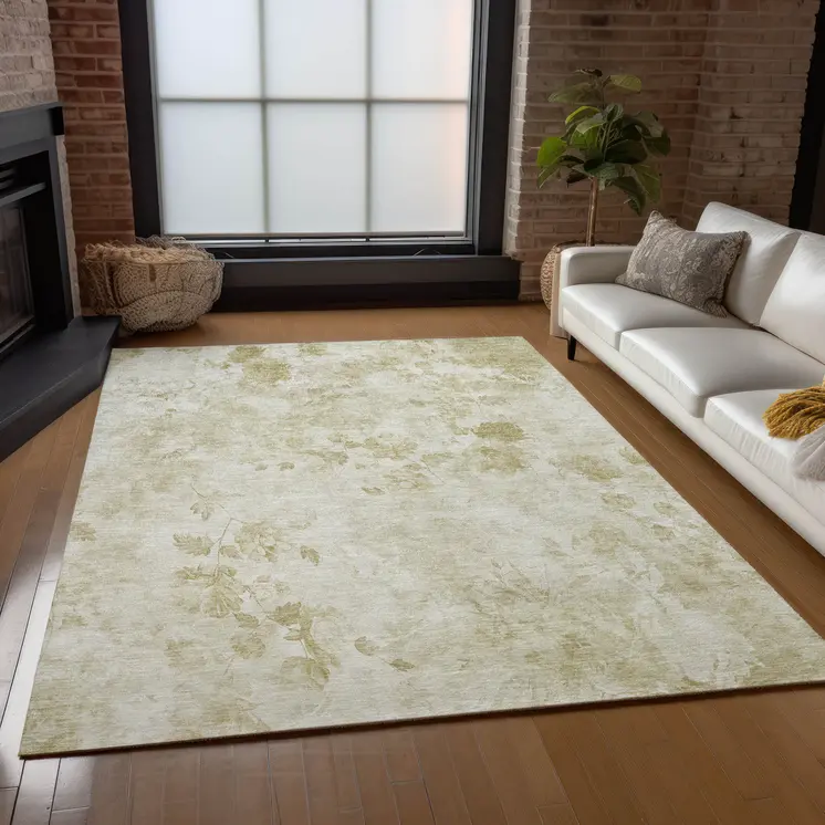 3' X 5' Khaki Beige And Tan Floral Washable Indoor Outdoor Area Rug