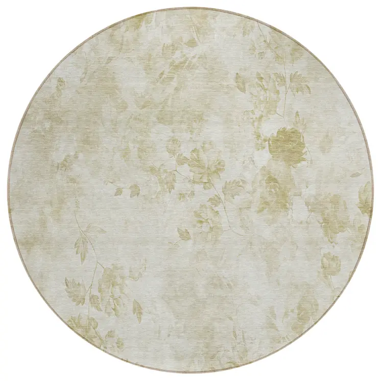 8' Khaki Beige And Tan Round Floral Washable Indoor Outdoor Area Rug