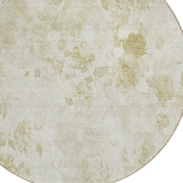 8' Khaki Beige And Tan Round Floral Washable Indoor Outdoor Area Rug