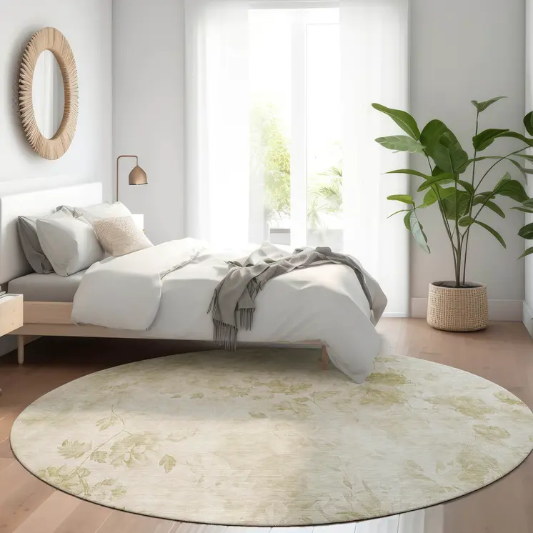 8' Khaki Beige And Tan Round Floral Washable Indoor Outdoor Area Rug