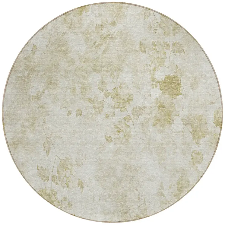 8' Khaki Beige And Tan Round Floral Washable Indoor Outdoor Area Rug