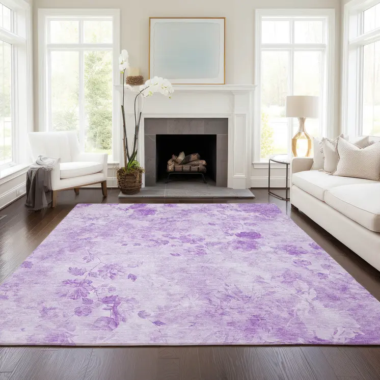 5' X 8' Lavender And Purple Floral Washable Indoor Outdoor Area Rug