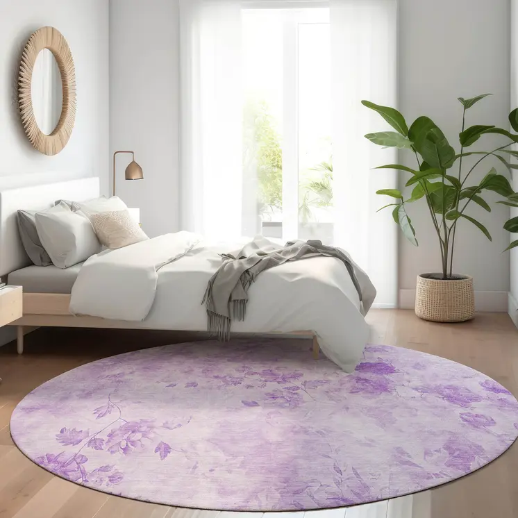 8' Lavender And Purple Round Floral Washable Indoor Outdoor Area Rug