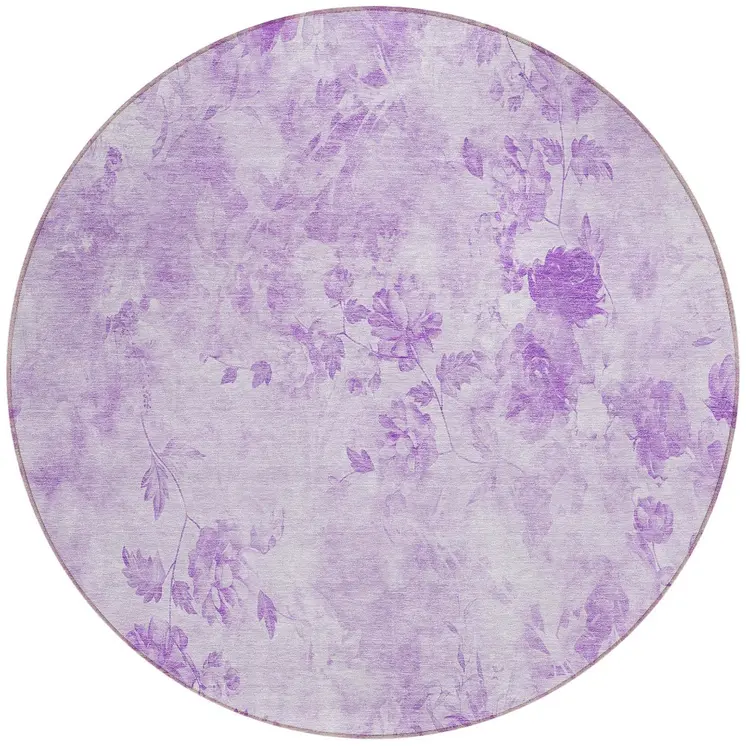 8' Lavender And Purple Round Floral Washable Indoor Outdoor Area Rug