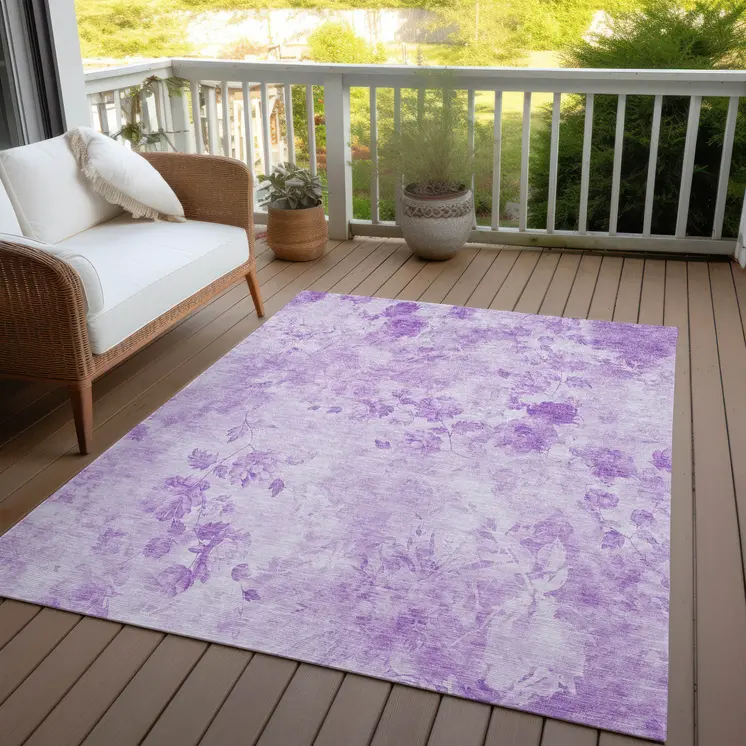 9' X 12' Lavender And Purple Floral Washable Indoor Outdoor Area Rug