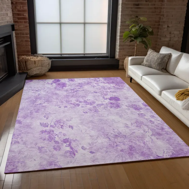 9' X 12' Lavender And Purple Floral Washable Indoor Outdoor Area Rug