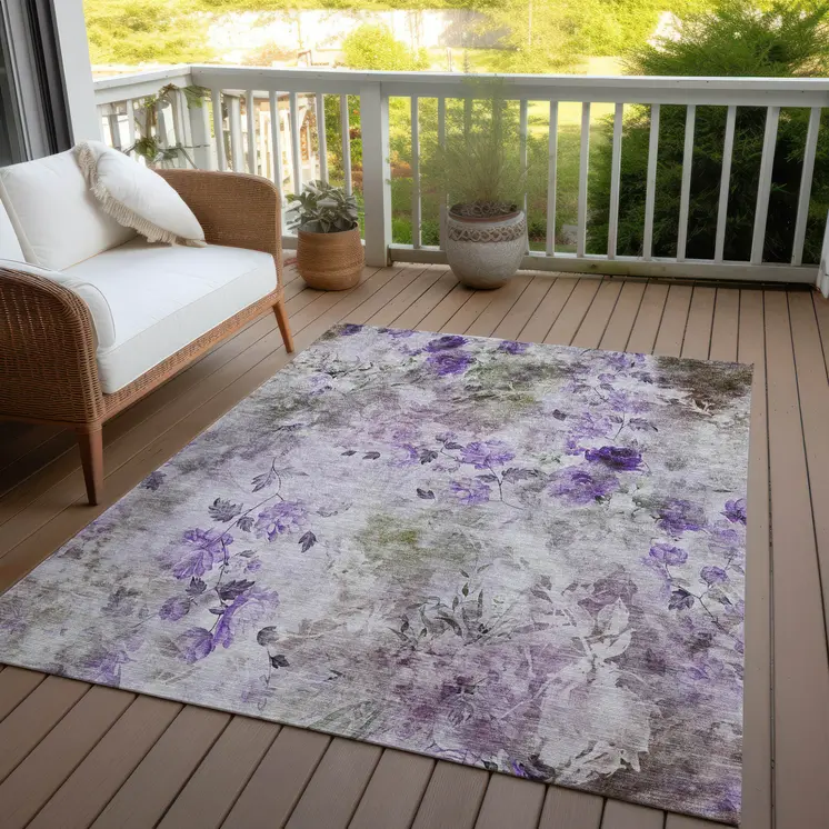 3' X 5' Purple Lavender And Artichoke Green Floral Washable Indoor Outdoor Area Rug