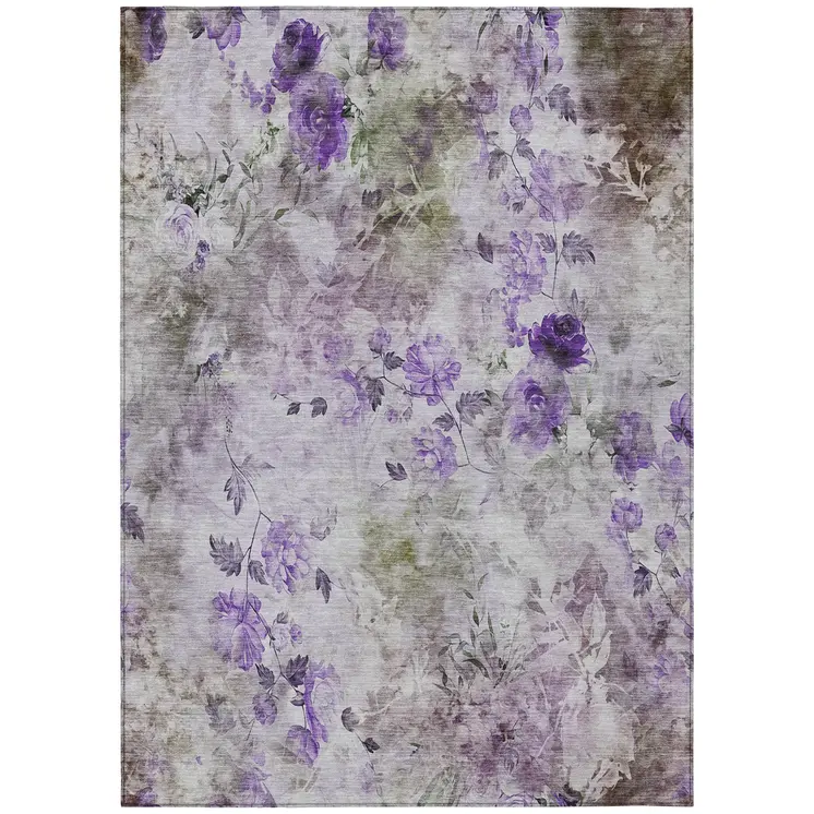 3' X 5' Purple Lavender And Artichoke Green Floral Washable Indoor Outdoor Area Rug