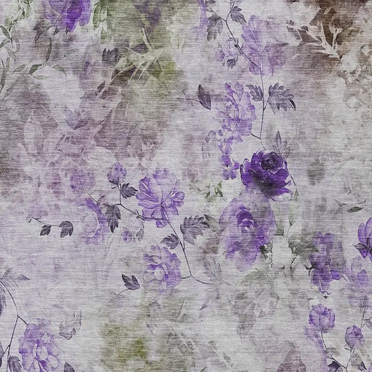 3' X 5' Purple Lavender And Artichoke Green Floral Washable Indoor Outdoor Area Rug