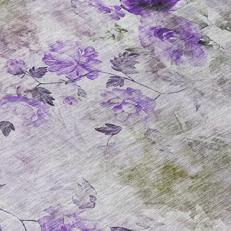 3' X 5' Purple Lavender And Artichoke Green Floral Washable Indoor Outdoor Area Rug