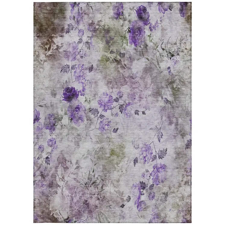 8' X 10' Purple Lavender And Artichoke Green Floral Washable Indoor Outdoor Area Rug