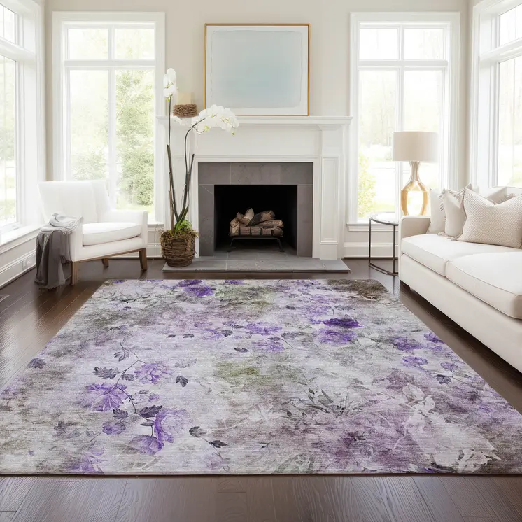 8' X 10' Purple Lavender And Artichoke Green Floral Washable Indoor Outdoor Area Rug