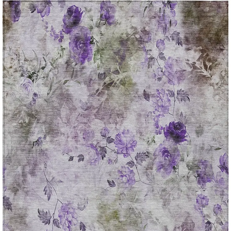 10' X 14' Purple Lavender And Artichoke Green Floral Washable Indoor Outdoor Area Rug