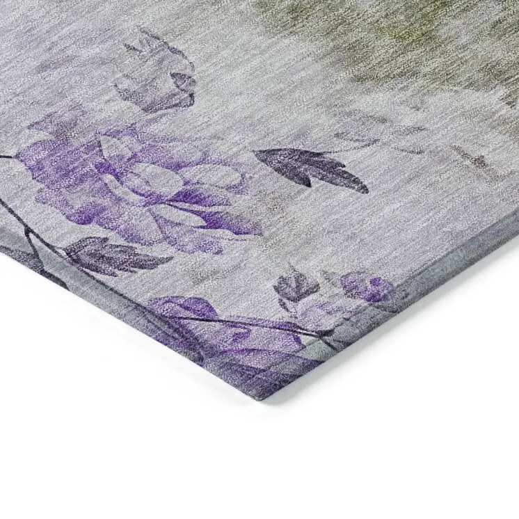 10' X 14' Purple Lavender And Artichoke Green Floral Washable Indoor Outdoor Area Rug