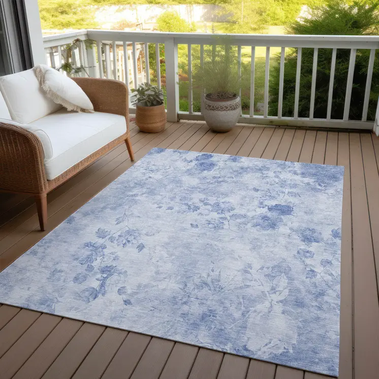 5' X 8' Sky Blue And Denim Blue Floral Washable Indoor Outdoor Area Rug