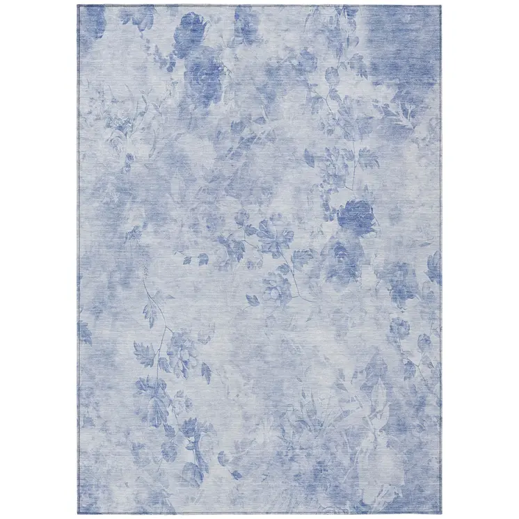 5' X 8' Sky Blue And Denim Blue Floral Washable Indoor Outdoor Area Rug