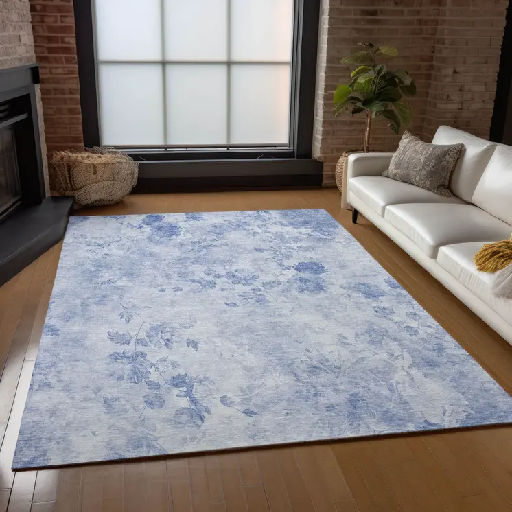 5' X 8' Sky Blue And Denim Blue Floral Washable Indoor Outdoor Area Rug