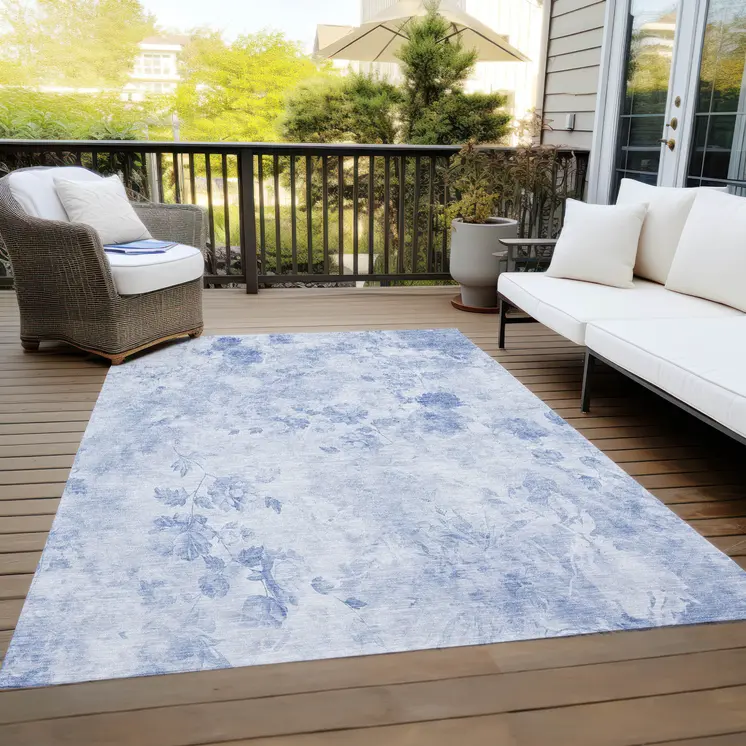 5' X 8' Sky Blue And Denim Blue Floral Washable Indoor Outdoor Area Rug
