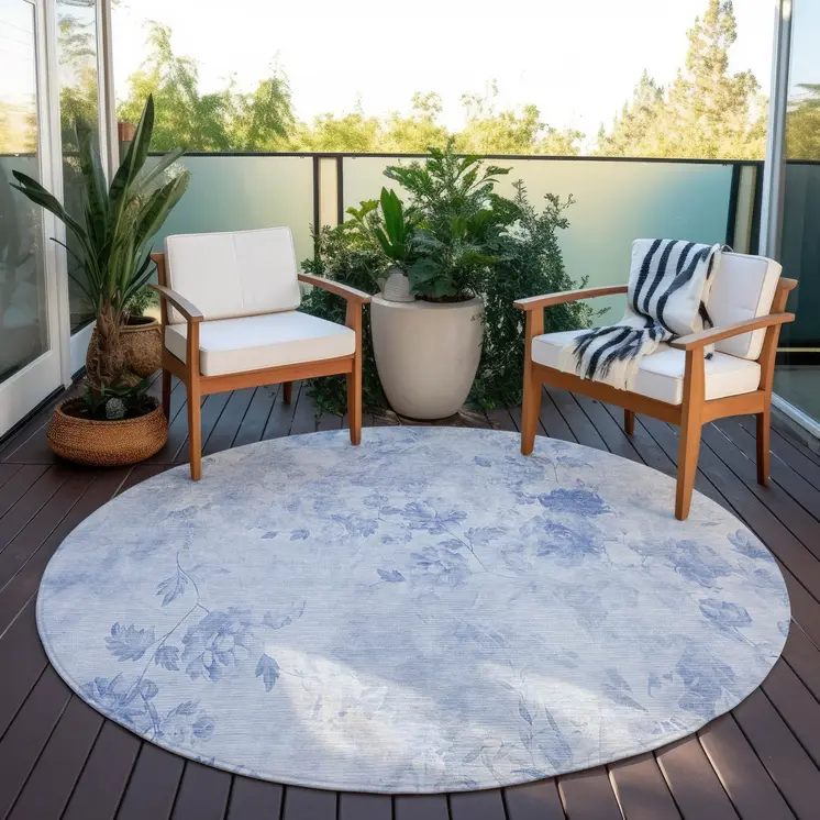 8' Sky Blue And Denim Blue Round Floral Washable Indoor Outdoor Area Rug