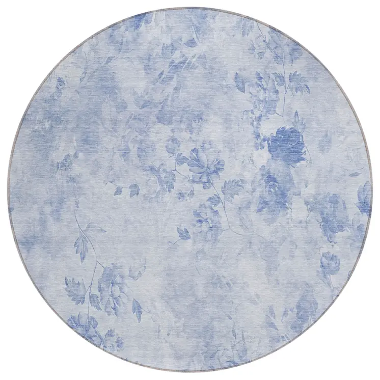 8' Sky Blue And Denim Blue Round Floral Washable Indoor Outdoor Area Rug