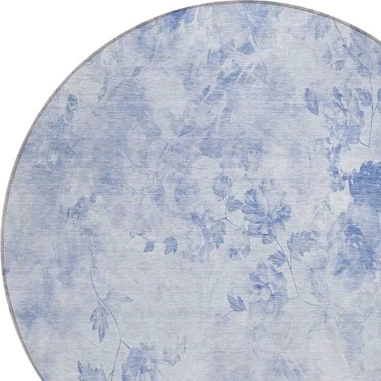 8' Sky Blue And Denim Blue Round Floral Washable Indoor Outdoor Area Rug