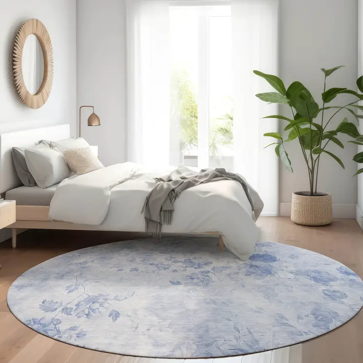 8' Sky Blue And Denim Blue Round Floral Washable Indoor Outdoor Area Rug