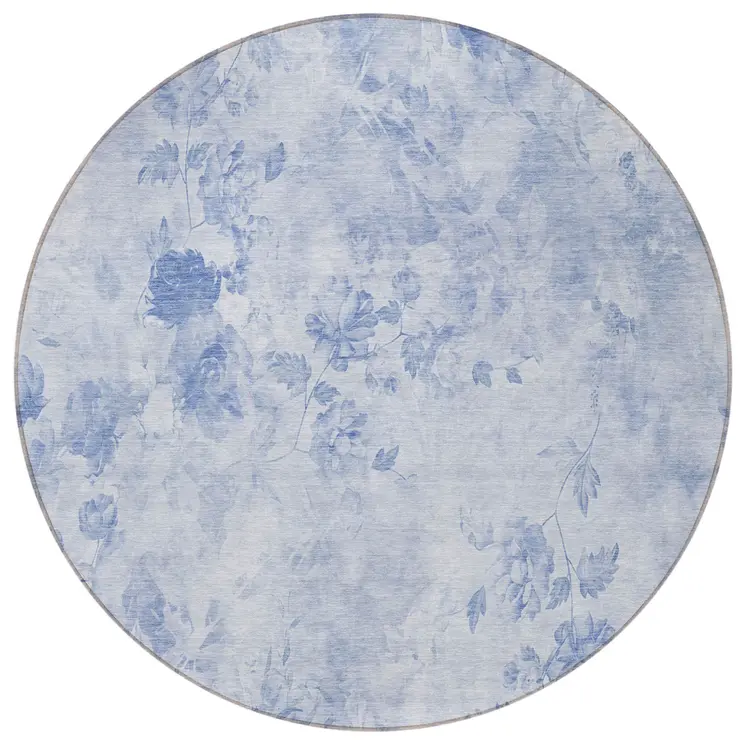 8' Sky Blue And Denim Blue Round Floral Washable Indoor Outdoor Area Rug