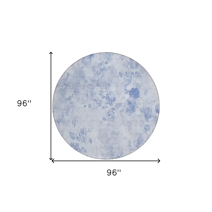 8' Sky Blue And Denim Blue Round Floral Washable Indoor Outdoor Area Rug
