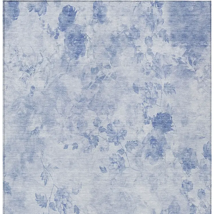 9' X 12' Sky Blue And Denim Blue Floral Washable Indoor Outdoor Area Rug