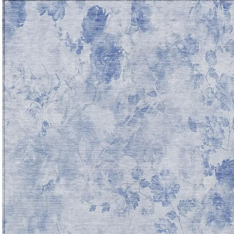 9' X 12' Sky Blue And Denim Blue Floral Washable Indoor Outdoor Area Rug