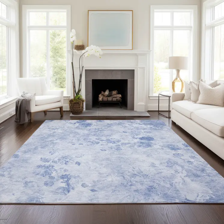9' X 12' Sky Blue And Denim Blue Floral Washable Indoor Outdoor Area Rug
