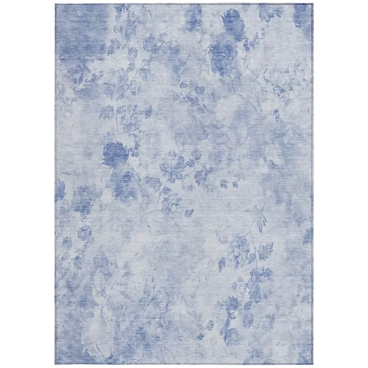 10' X 14' Sky Blue And Denim Blue Floral Washable Indoor Outdoor Area Rug