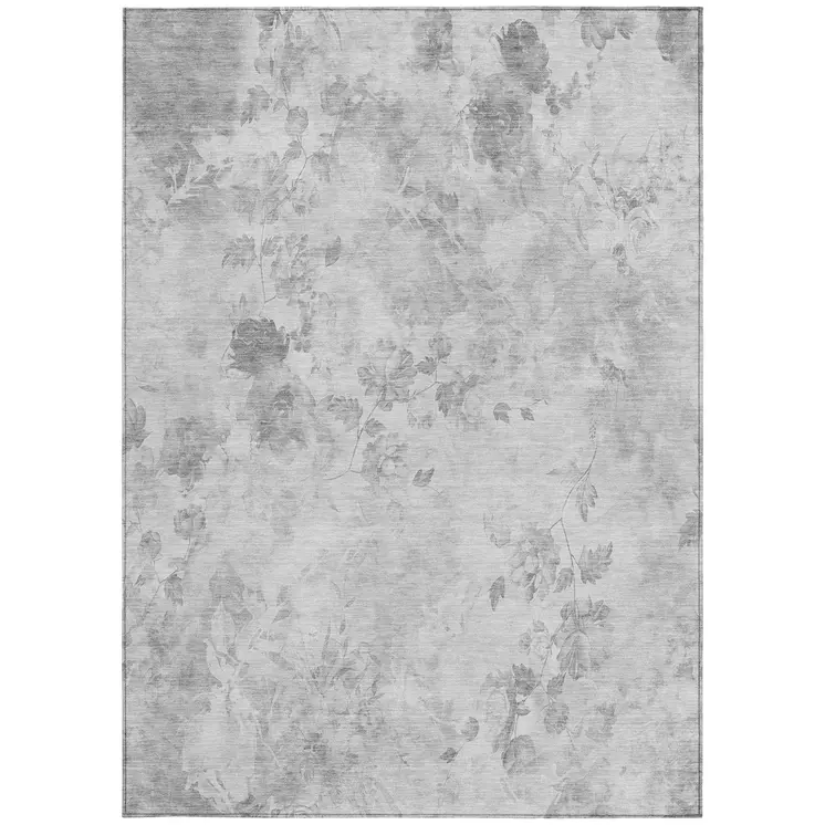 3' X 5' Gray Charcoal And Silver Floral Washable Indoor Outdoor Area Rug