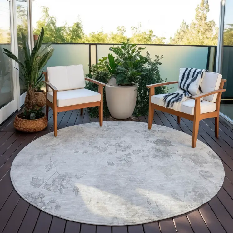 8' Gray Charcoal And Silver Round Floral Washable Indoor Outdoor Area Rug