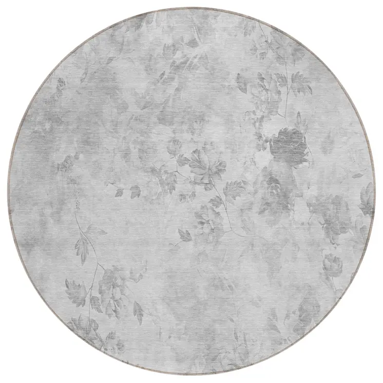 8' Gray Charcoal And Silver Round Floral Washable Indoor Outdoor Area Rug