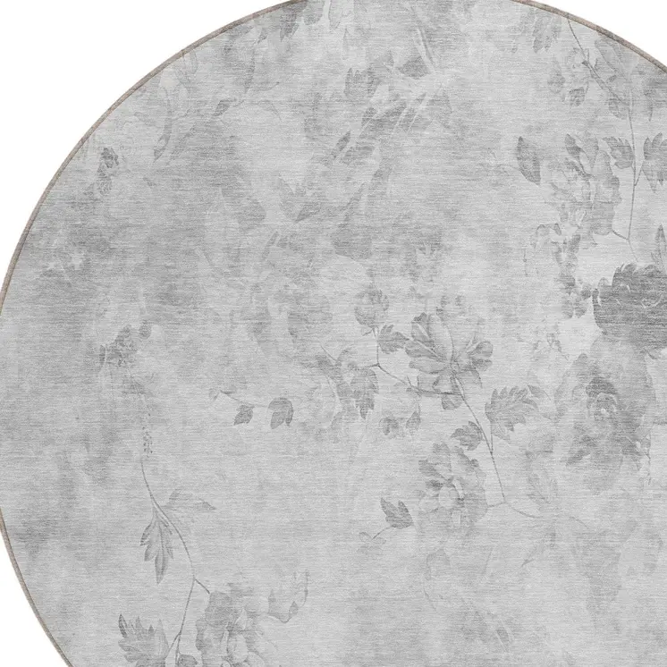 8' Gray Charcoal And Silver Round Floral Washable Indoor Outdoor Area Rug
