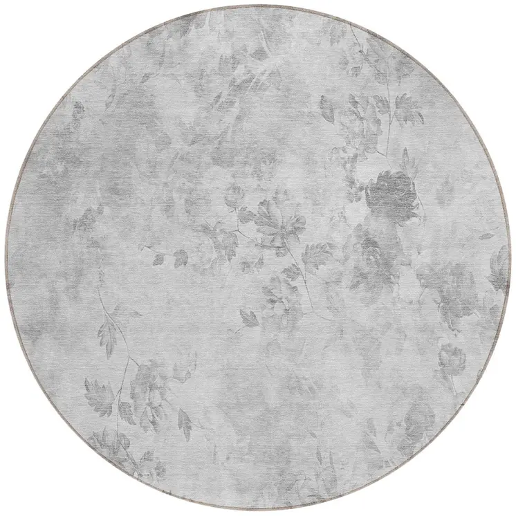 8' Gray Charcoal And Silver Round Floral Washable Indoor Outdoor Area Rug