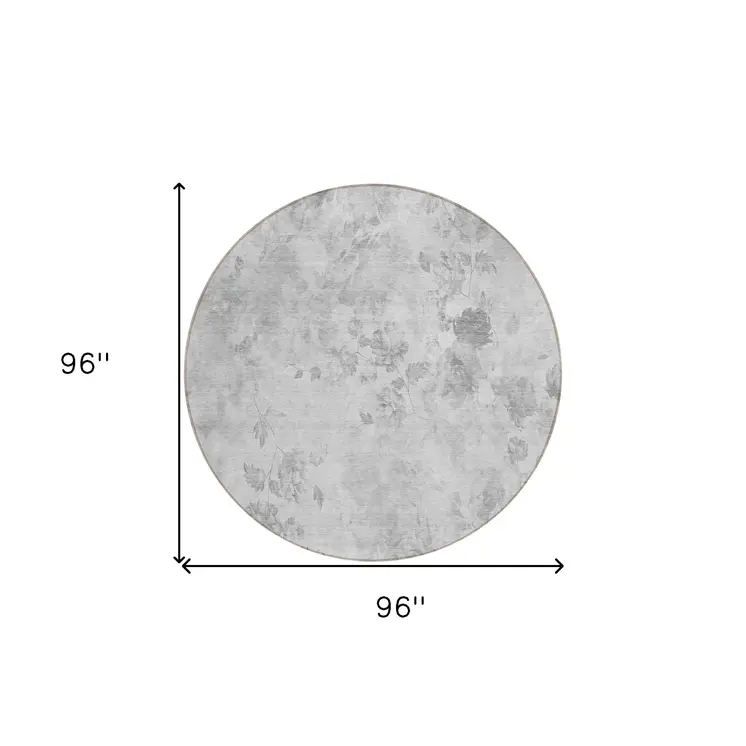 8' Gray Charcoal And Silver Round Floral Washable Indoor Outdoor Area Rug