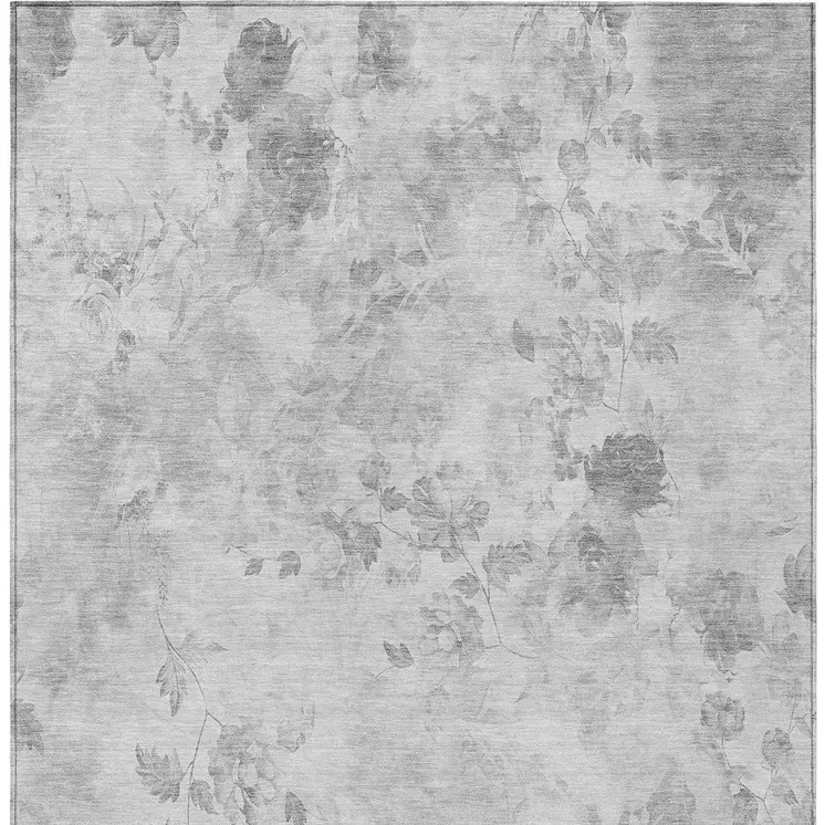 10' X 14' Gray Charcoal And Silver Floral Washable Indoor Outdoor Area Rug