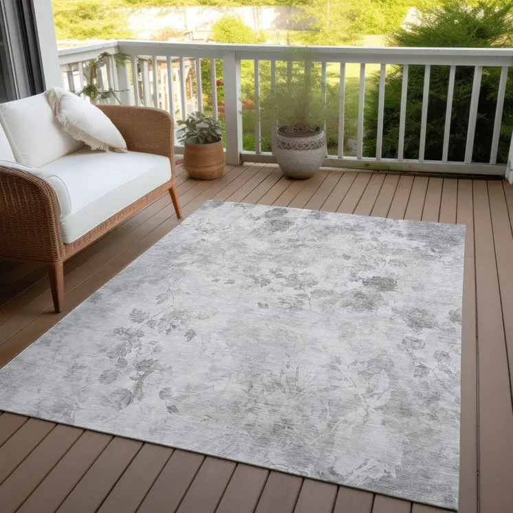 10' X 14' Gray Charcoal And Silver Floral Washable Indoor Outdoor Area Rug