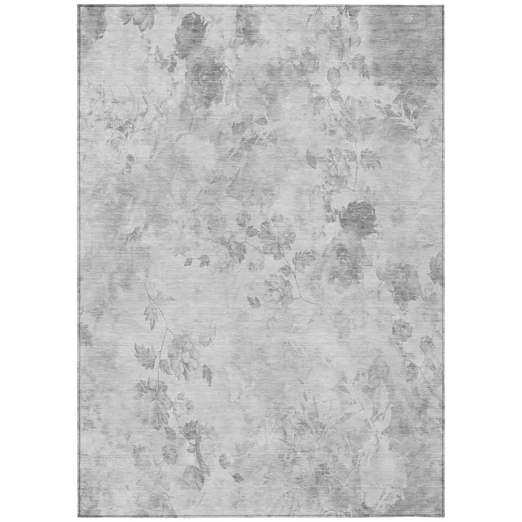 10' X 14' Gray Charcoal And Silver Floral Washable Indoor Outdoor Area Rug