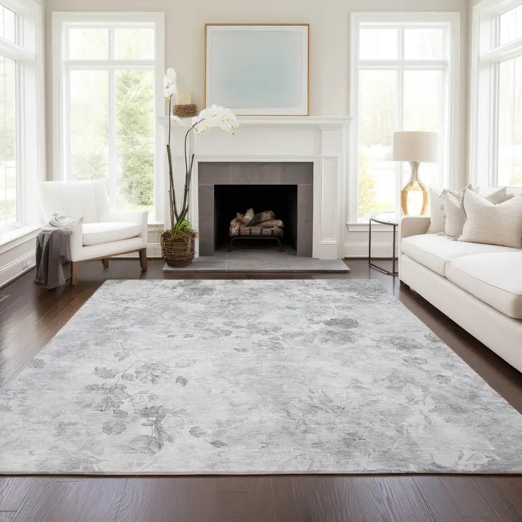10' X 14' Gray Charcoal And Silver Floral Washable Indoor Outdoor Area Rug