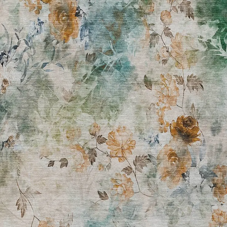3' X 5' Teal Blue And Green Floral Washable Indoor Outdoor Area Rug