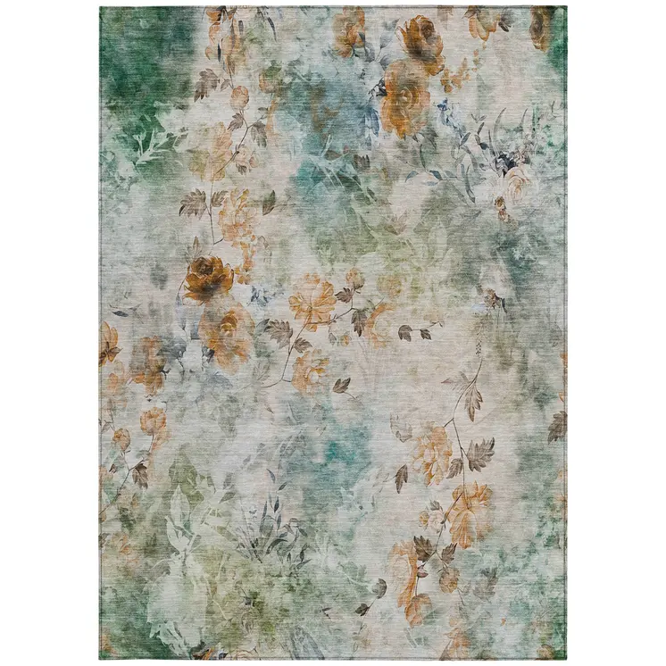 5' X 8' Teal Blue And Green Floral Washable Indoor Outdoor Area Rug