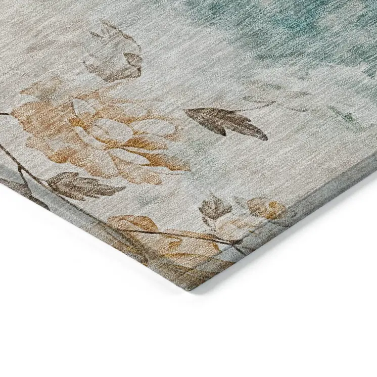 5' X 8' Teal Blue And Green Floral Washable Indoor Outdoor Area Rug