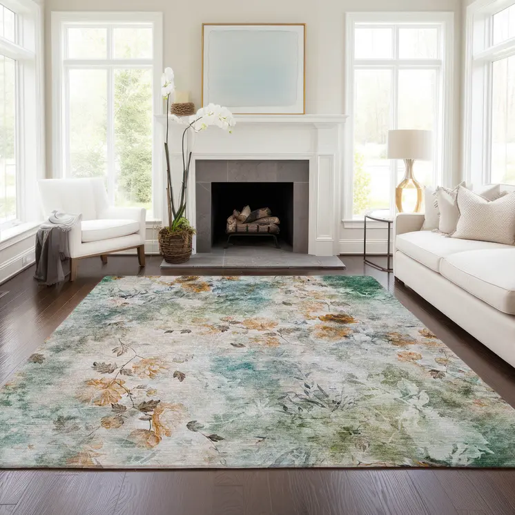 5' X 8' Teal Blue And Green Floral Washable Indoor Outdoor Area Rug