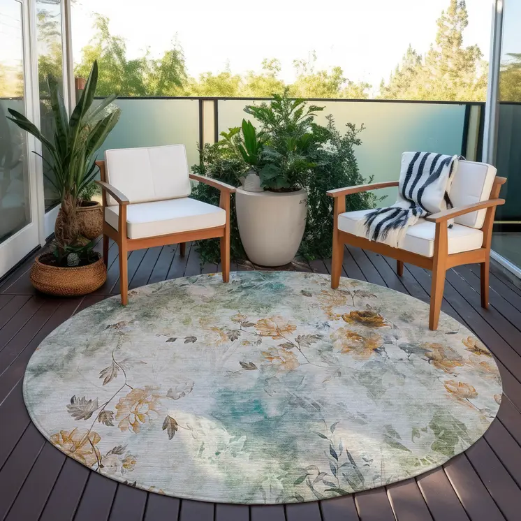 8' Teal Blue And Green Round Floral Washable Indoor Outdoor Area Rug